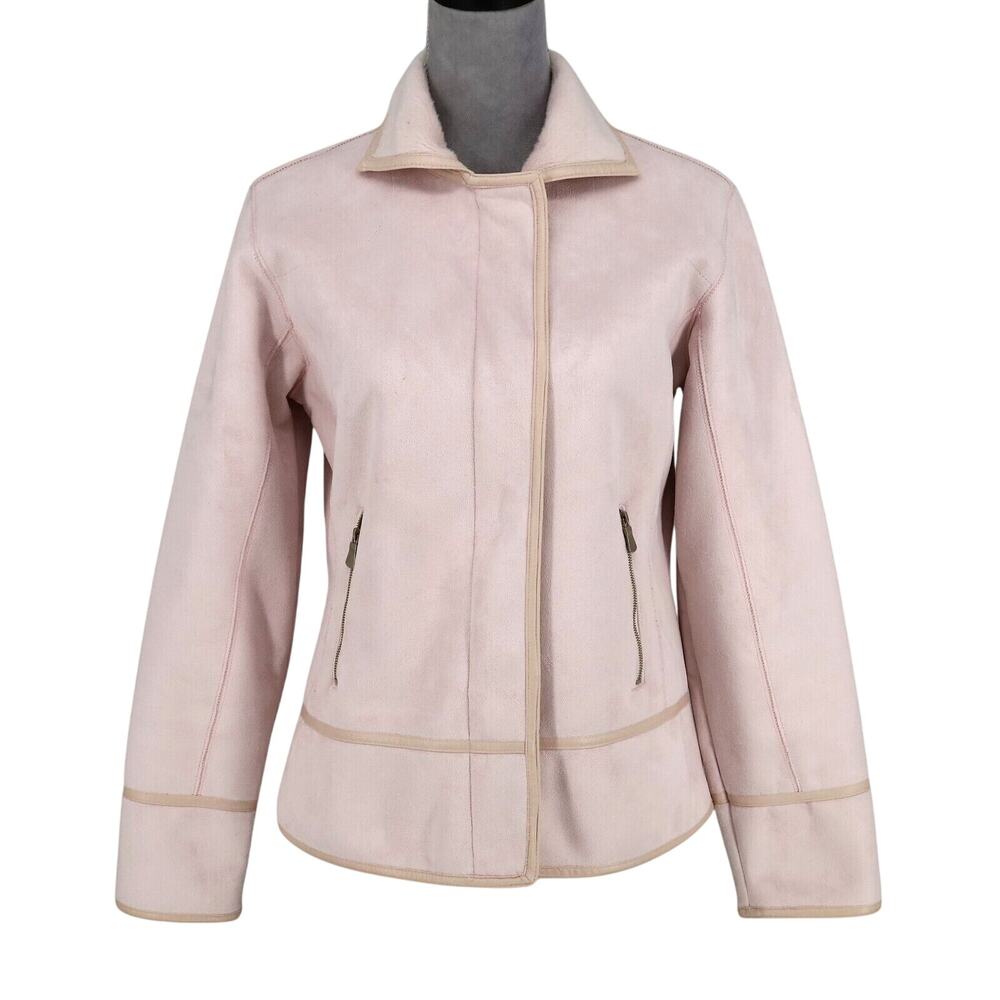 E Studio Jacket Womens Medium Pale Pink Full Zip Snaps Microfiber Pockets Moto
